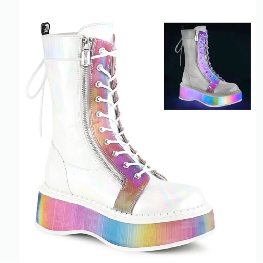 demonia emily 350 reflective rainbow platform combat boots NEW